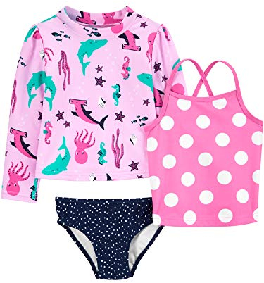 Simple Joys by Carter's Girls' 3-Piece Assorted Rashguard Sets, Sea/Polka Dots, 3T