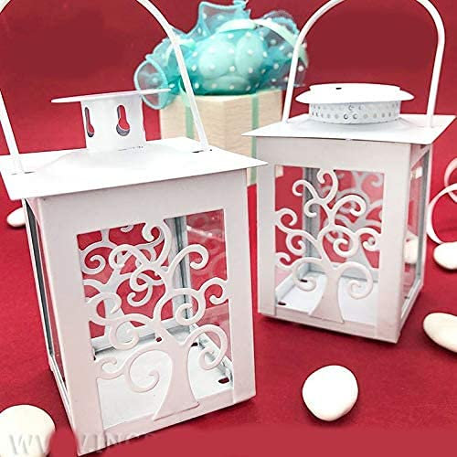 Lanterna bianca con albero della vita in metallo porta candela o a led, bomboniere originali matrimonio, anniversario, comunione, battesimo (E1T12389 - CON LED-senza confezionamento)