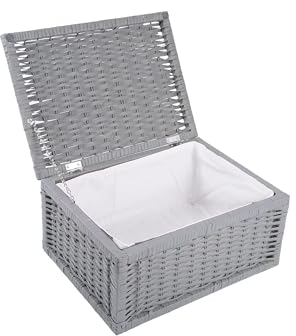 Grey Wicker Basket and Gifts Hamper with Lid and Liner Underbed Storage Collection at Home and Office Bedroom Living room Dresser Window Display Retail Shop Reusable (Medium) M