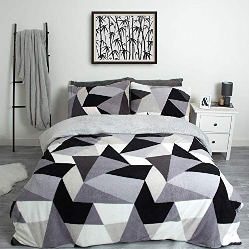 Dreamscene Shapes Thermal Teddy Fleece Duvet Cover with Pillowcase Soft Warm Fluffy Bedding Set Bedspread Duvet Cover, Silver Grey/White - Single Bed