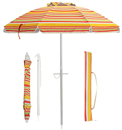 COSTWAY Parasol de Plage Ø198 CM Inclinable Protection UV 50+ avec Bouton Poussoir, Parasol Rond Pliable à 8 Baleines en Fibre de Verre avec Sac de Transport pour Patio, Piscine (Bande Jaune-Orange)