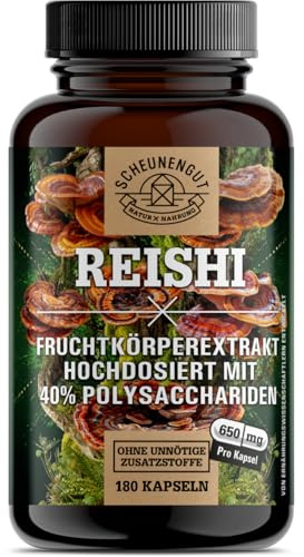 Reishi 1950mg -WICHTIG: 20:1 Extrakt (=39000mg reiner Fruchtkörper pro Tagesdosis MIT 40% bioaktiven Polysacchariden) Reishi Kapseln Hochdosiert -Laborgeprüft- DE SCHEUNENGUT®