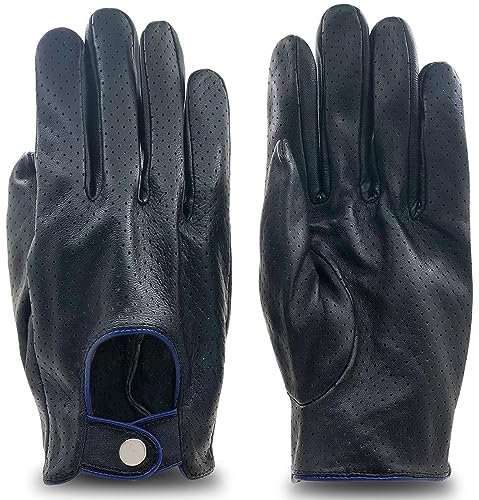 ZLUXURQ Herren Luxus und Weiches 100% Schaffell Leder Fahrhandschuhe mit Vollmaschige, Touchscreen, Schwarz Blau