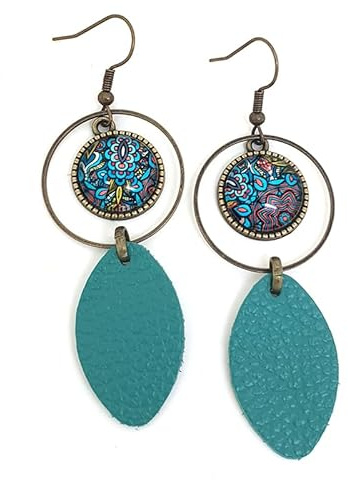 Boucles d’Oreilles Pendantes Femme – Cabochon Verre Fleurs Turquoise Jaune – Bijou Bohème Chic – Création Artisanale