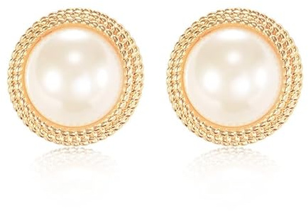 Mierfyni Faux Large Gold Pearl Earrings - Dainty White Big Pearl Statement Earrings, 18k Gold Plated Button 13mm Halo Studs