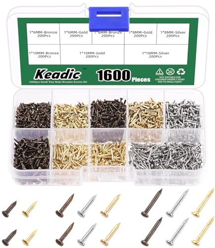 Keadic 1600Pcs Tiny Nails for Wood Crafts, Small Tiny Nails, 6mm 8mm 10mm Small Nails Mini Nails Tiny Wooden Nails for Wooden DIY Decorative Pictures Boxes(Gold/Silver/Bronze)