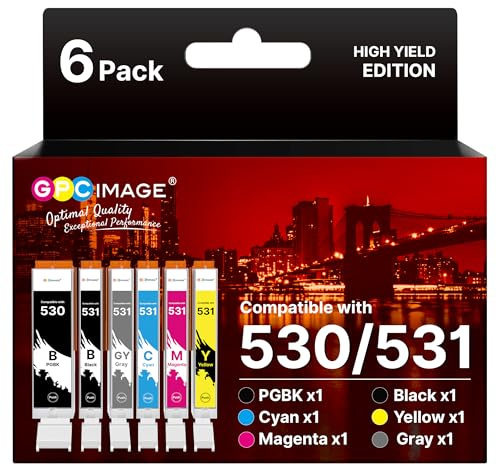 GPC IMAGE 530 531 XXL TS8750 Patronen Kompatible für Canon PIXMA TS8750 BK TS8751 WH TS8550 TS8551 Druckerpatronen PGI530 CLI531 (6er-Pack, Grau PGBK Schwarz Cyan Magenta Gelb)