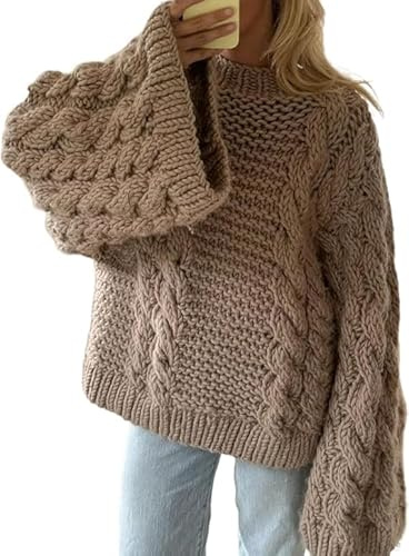 Women's Oversized Cable Knit Sweaters, Wide Sleeves Crewneck Chunky Knit Pullover, Cable Knitted Sweater Tops (Khaki,Medium)