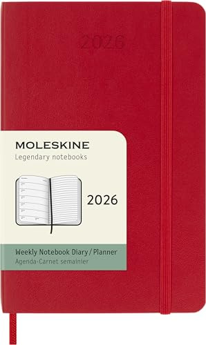 Moleskine Weekly Planner, 2026 Weekly Agenda 12 Months With Space For Notes, With Soft Cover and Elastic Closure, Pocket Size 9x14, Red Color