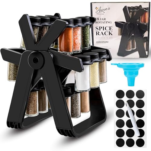 Fab N' Mod Rotating Spice Rack with 18 Glass Jars-100ml, Labels, Marker and Funnel - 360 Degree Rotating Ferris Wheel Revolving Spice Rack Organiser for Seasoning & Herbs - Gift Set As Spice Organiser