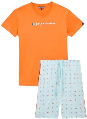 ARTHUR - Pyjama Court Homme 100% Coton Jersey - Ensemble Manches Courtes & Short à Motifs Camping Vert - Léger, Doux et Respirant - Taille M