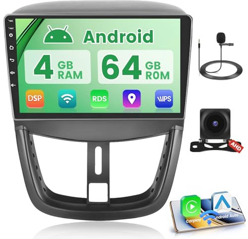 Hikity 5G WiFi 4+64G Android Autoradio Wireless Carplay pour Peugeot 207 2006-2015, 9 Pouces IPS écran Tactile pour Voiture avec Android Auto GPS Bluetooth5.0 FM/RDS Caméra de Recul
