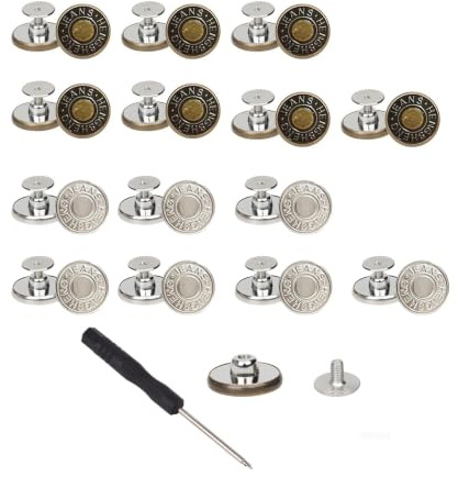 14 PCS Jean Buttons, 17mm No Sew Adjustable Jeans Buttons, Removable Metal Button with Screwdriver Replacement Jean Button, for Jeans, Pants, Bags, Denim Clothing (Bronze+Silver)
