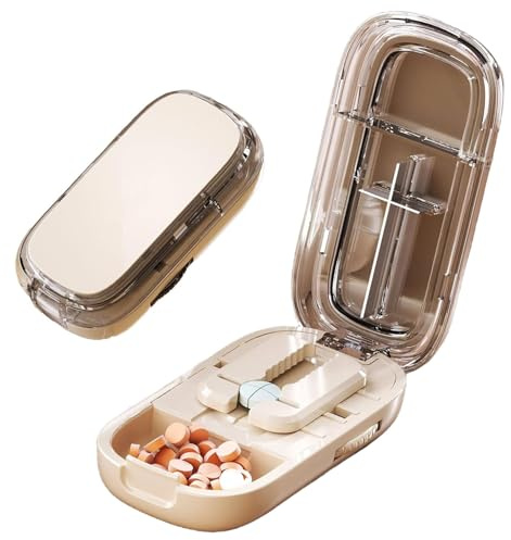 Pill Cutter for Cutting Multiple, 1/2 1/4 Pill Splitter for Large, Small and Tiny Pills, Portable Pills Cutter,Storage Organizer, Accurate Centering Alignment Device (White)
