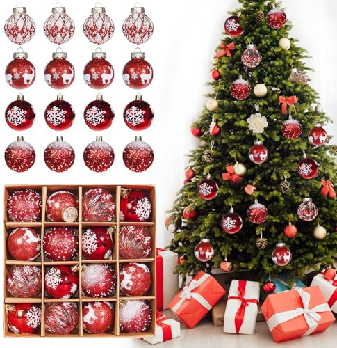 Juego de 16 Bolas de Navidad de Plástico de 6 cm, Bolas de Navidad Personalizadas, Color Rojo y Blanco, Decoración Navideña para Exterior e Interior