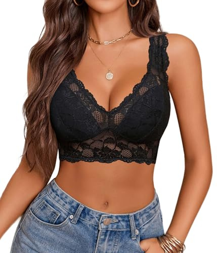 Avidlove Top sin Espalda para Mujer Sin Soporte Sin Aros Camiseta Interior Sexy Sin Relleno de Espuma Top de Encaje Escote en V Festival