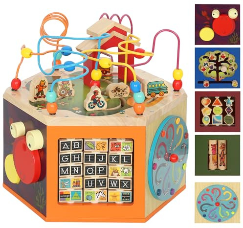 AIYAPLAY Cube de motricité, Cube d'activité 8 en 1 avec boucle de motricité, labyrinthe de perles, trieur de formes, jouet de motricité Jouets éducatifs pour enfants de 18 mois et plus