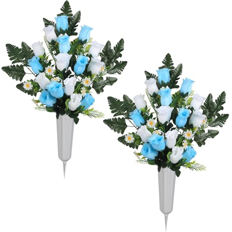 UUXX Set of 2 Artificial Cemetery Flowers with Vases White Light Blue Grave Memorial Flowers with Artificial Rose Daisy Bouquet for Cemetery Memorial Day Decorations(White+Light Blue)