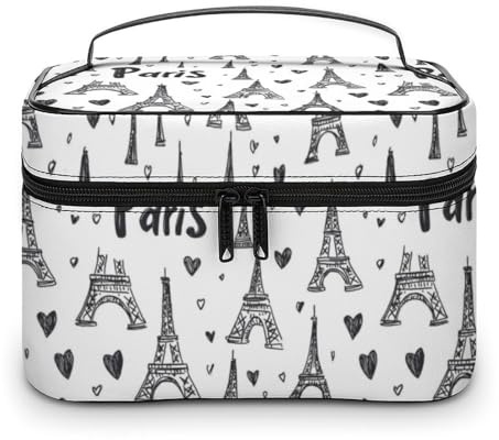 Nevjipu Grande borsa da viaggio in pelle, organizer da viaggio con torre Eiffel e cuore, per cosmetici, articoli da toeletta da donna, per la cura della pelle delle unghie, organizer per trucchi con