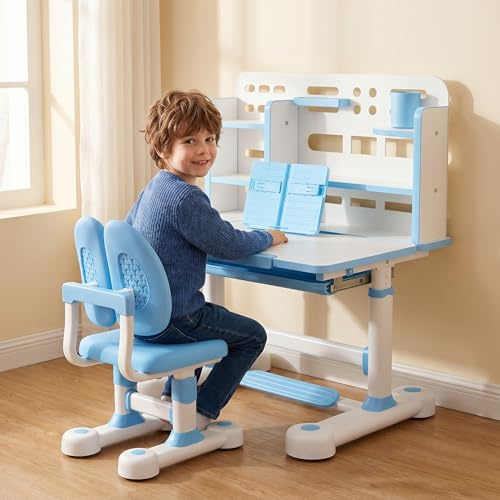 joukares Kids Desk and Chair Set, Height Adjustable Children’s Study Table with 0-50° Tilting Desktop, Storage Drawer, Student Writing Desk for Reading, Drawing, Homework, Home Learning