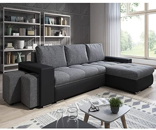 lestockdesign Canapé d'angle Simon 255 cm - Convertible et réversible avec Coffre - 3 Places - Simili Noir/Tissu Gris + 2 poufs