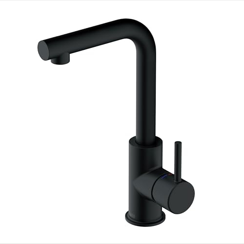 Lenz Badarmatur HOKU in Schwarz-matt – Hoher Auslauf mit 360° Schwenkfunktion – Waschtischarmatur mit EasyClean Pop-Up Ventil – Anti-Fingerabdruck Oberfläche & Keramik-Kartusche – 46011851