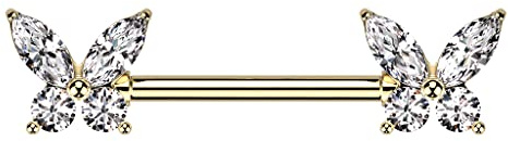 Piercing Sein Téton en Acier Chirurgical 316 L et Oxydes de Zirconium - Piercing Mamelon avec 2 Papillons aux Corps de Zircons - (Or Doré/Clair)