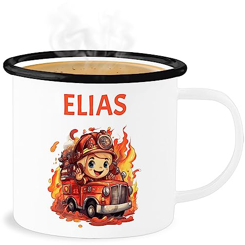 Emaille Becher Blechbecher - Feuerwehr - Geschenk Feuerwehrmann mit Name personalisiert I Löschfahrzeug Motiv - 300 ml - Weiß Schwarz - feuerwehrbecher feuerwehrauto auto tasse feuerwehrtasse