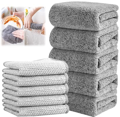 Generic (5 pezzi + 5 pezzi) panni in microfibra di carbone di bambù + straccio di seta argento, forte straccio per la pulizia della polvere, straccio per la pulizia altamente assorbente, multiuso e