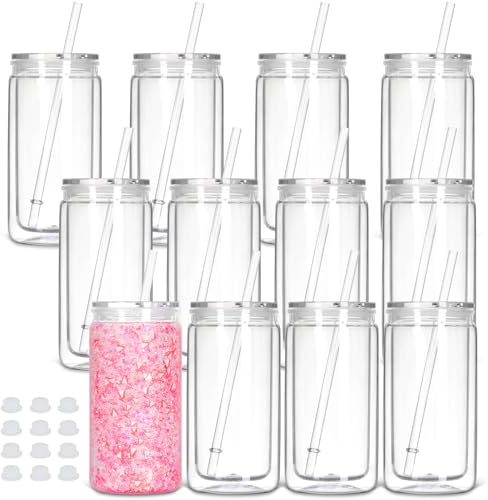 Tswofia Paquete de 12 Vasos Globo de Nieve con Agujero Pretaladrado, 473 ml Lata de Plástico de Doble Pared con Tapa y Pajita, Taza de Frasco Mason de Plástico para Globo de Nieve con Purpurina DIY