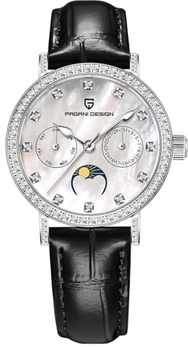 TAYSHILEY Orologio da polso da donna, al quarzo, con cinturino in pelle, impermeabile, con cinturino in pelle e zaffiro sintetico, data automatica, fasi lunari, visualizzazione della settimana,