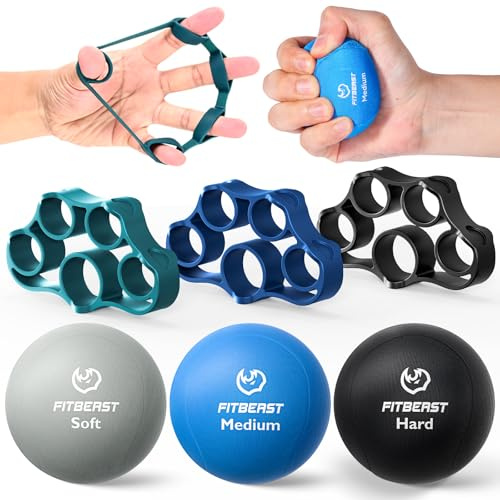 FitBeast Entrenador de Fuerza de Agarre – 6 Piezas Terapia de Mano con Ejercitador de Extensión de Dedos & Pelotas Antiestrés para Rehabilitación y Entrenamiento de Fuerza