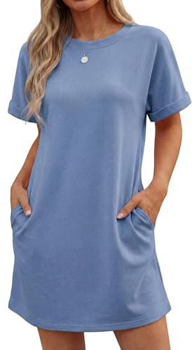 GRECERELLE Mini robe d'été à manches courtes et col rond pour femme - Robe trapèze décontractée avec poches, bleu jean, XL