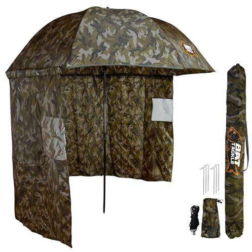 BAT Tackle Angelschirm mit Seitenwand | Inkl. Heringe und Abspannleinen | Schirmzelt | Windschutz | Regenschirm (Camou, 220cm)
