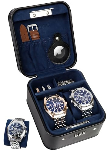 KAMIER Coffret de Voyage pour Montres, Étui Homme 2 Montres Solide en PU Cuir avec Cadenas à Combinaison, Boîte de Rangement Portable pour Montre, Bagues et Colliers – Cadeau Homme et Femme – Noir