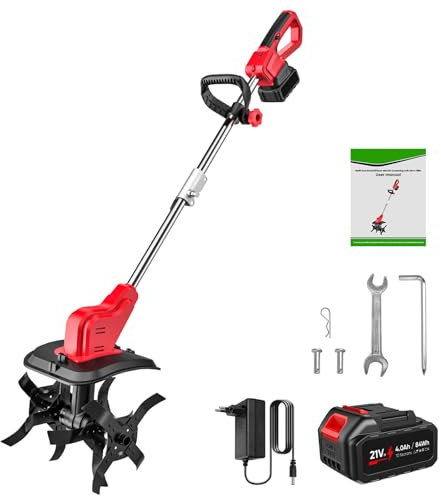 Motobineuse Électrique 550W Profondeur de Travail 22CM Largeur de 30CM avec Poignée Pliable et Roues Réglables 4 Lames,avec Batterie et Chargeur,pour Labourer,Renverser,Creuser des (1 Batterie)