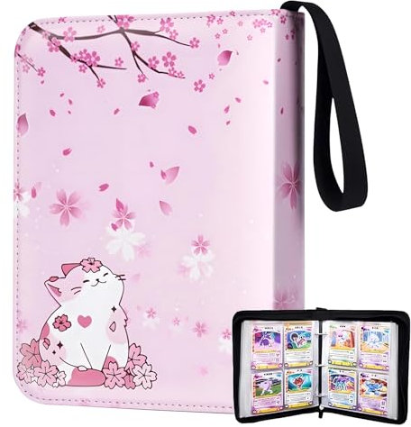 Card Binder 400 Pocket, 50 Sleeves Trading Card Holder, 3Ring Card Binder Album for Cards, Card Collector, Photos, Cute Cat Trading Card Folder for Kids Girls, Pink
