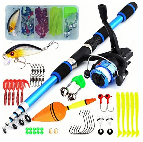Juego de pesca para niños, color azul, 1,8 m, juego de caña de pescar para niños con carrete de pesca y juego de cebo, carrete de fibra de carbono, accesorios para niños de 3 a 10 años