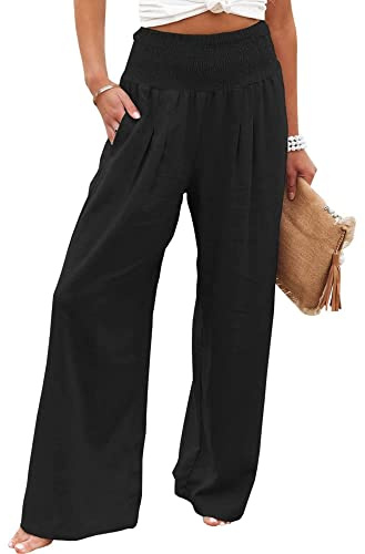 Wide Leg Trousers for Women UK Cotton Linen Long Lounge Elastic High Wasited Palazzo Pants Ladies Casual Baggy Summer Loose Petite Yoga Trousers with Pockets Black