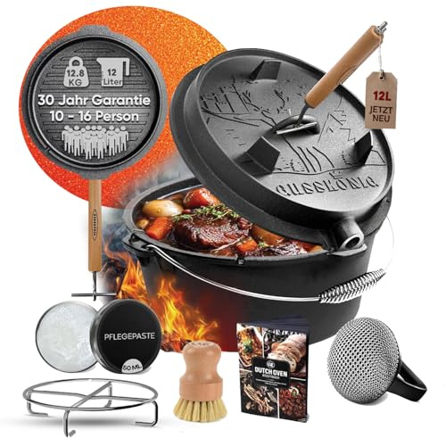 GUSSKÖNIG Dutch Oven Set–Eingebrannter Dutch Oven 12L–Feuertopf Gusseisen ohne Füß–Schmortopf Doppelfunktion-2in1 Deckelheber,Untersetzer,Schrubber,Pflegepaste,Bürste & Rezeptbuch-30 Jahre Garantie