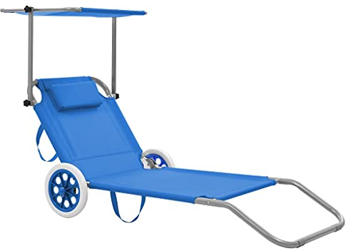 QJBSAVVA Klappbare Sonnenliege Blau aus Stahl und 600D Polyester verstellbares Dach mit Rädern 146 x 63 cm Outdoor Garten Balkon Strand