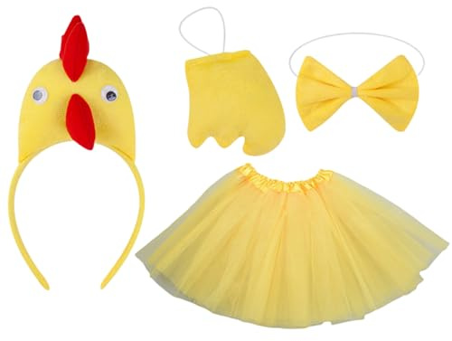 Set di costumi da pollo per bambini, con fascia per capelli, papillon e gonna in garza gialla, progettato con morbido tessuto elastico, divertente accessorio per vestito con papillon per Natale del
