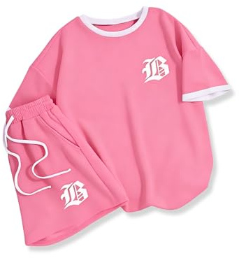Voxikidio Girls Clothes Size 7 8 Summer Letter Print Short Sleeve Shirt Tops Sports Shorts Set 2 PCS Teen Girls Clothes Pink (7-8Y)