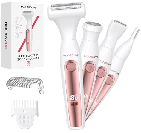MAXGROOM 4 In 1 Rasoio Elettrico Donna, Depilatore Corpo Donna, Rasoio Parti Intime Kit per Corpo e Inguine Ricarica Rapida Type-C, Led Display (Bianco)