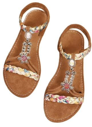 Strandskor dam eleganta, damsandaler platta bohemiska sommarsandaler eleganta remsandaler ankel elastiska sandaletter T-remmar utomhussandaler slip-on sommarskor ankelrem sandaletter