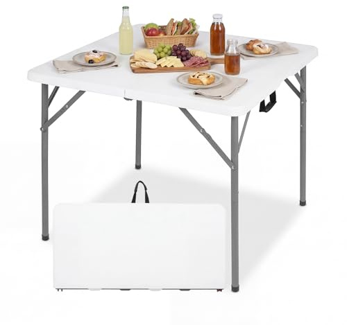 COSTWAY Mesa Plegable Picnic, 86 x 85,5 x 75 cm, Cuadrada | Mesa Camping Portátil de HDPE, Asa de Transporte, Fácil de Montaje, Interior Exterior Jardín Terraza Playa Cocina, Blanco