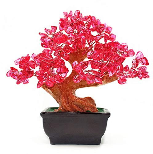 Colorsheng Feng Shui Quartz Crystal Money Tree Bonsai Style Decoration for Luck and Wealth (Red)