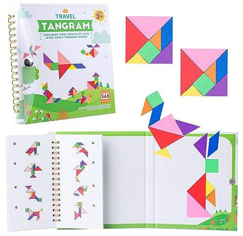 Vanmor Travel Tangram Puzzle with 2 Sets Magnetic Plate-Montessori Shape Pattern Blocks Jigsaw Road Trip Games with 368 Solution - IQ Book Educational Toy Brain Teaser Gift for Kids Adults Challenge