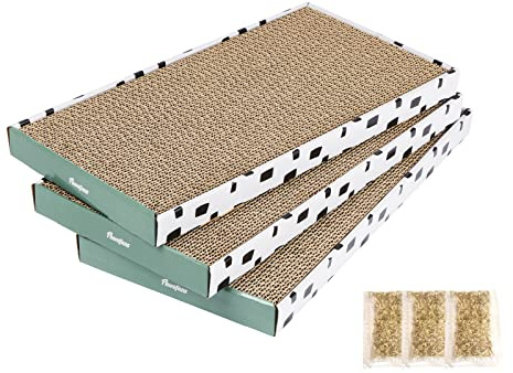 PAWSFANS Cat Scratcher Cardboard Scratch Pad with Box,Durable Corrugate Scratching Board Kitty Sofa Lounge Bed Reversible Catnip Included for Indoor Cats,Large (Box, 3pcs)