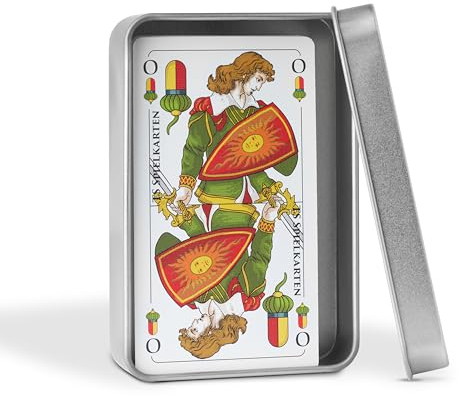 TS Spielkarten - Schafkopf Spielkarten mit bayerischem Blatt - Tarock und Binokel - Leinen Struktur - abwischbar und langlebig + Metalldose zu nachhaltigen Aufbewahrung
